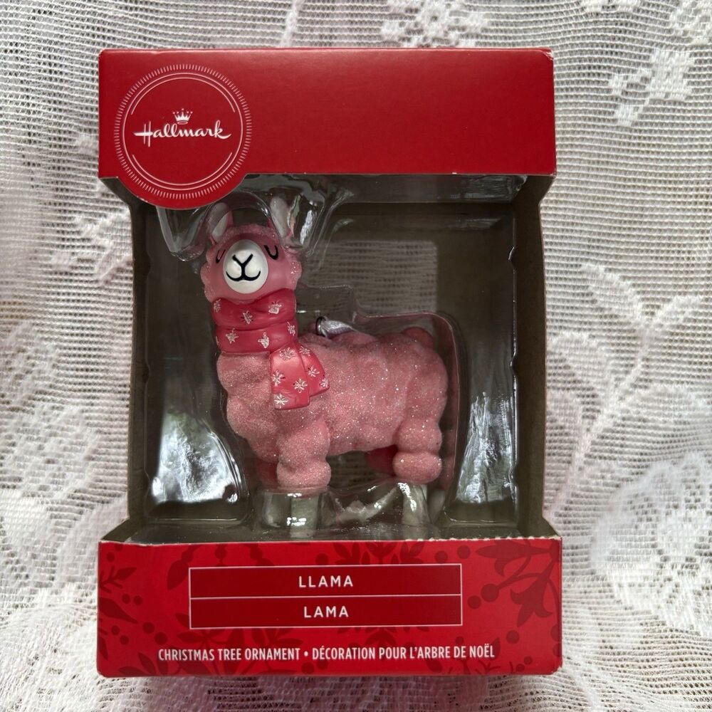 Hallmark Pink Sparkly Llama Christmas Ornament NIB Red Box 3”